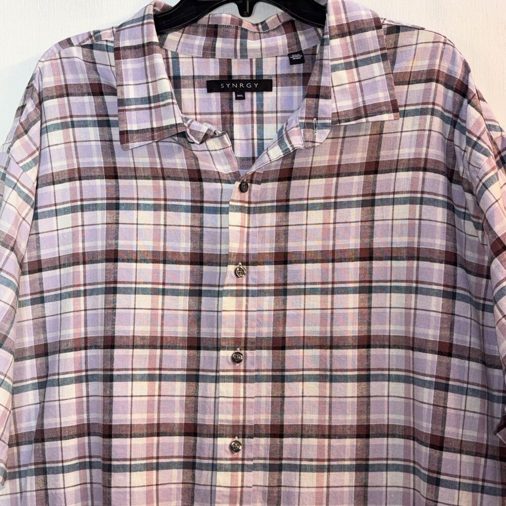 Synergy Men’s Shirt 3XL Men’s Linen Cotton Blend Short Sleeve Button Plaid